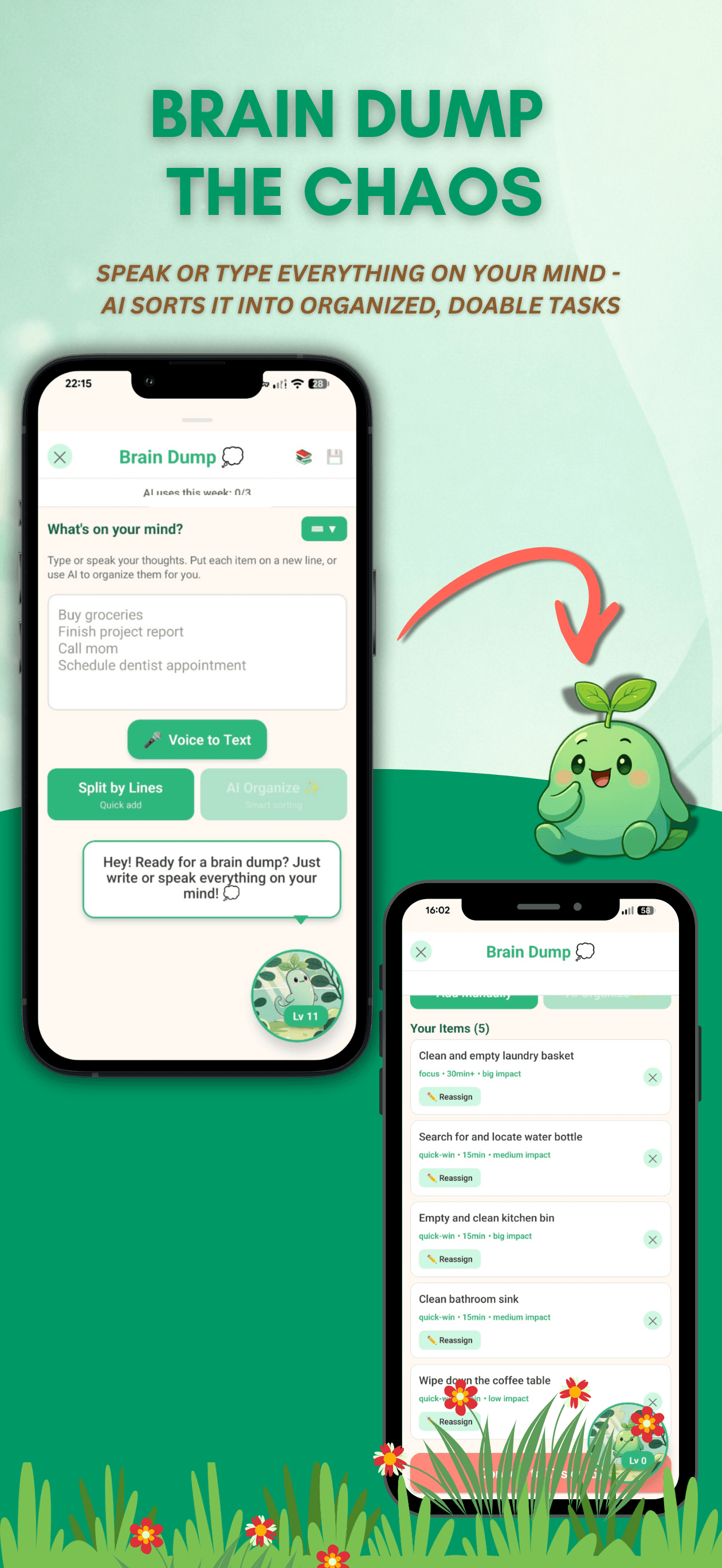 Sprout brain dump feature showing voice-to-text input and AI-organized tasks
