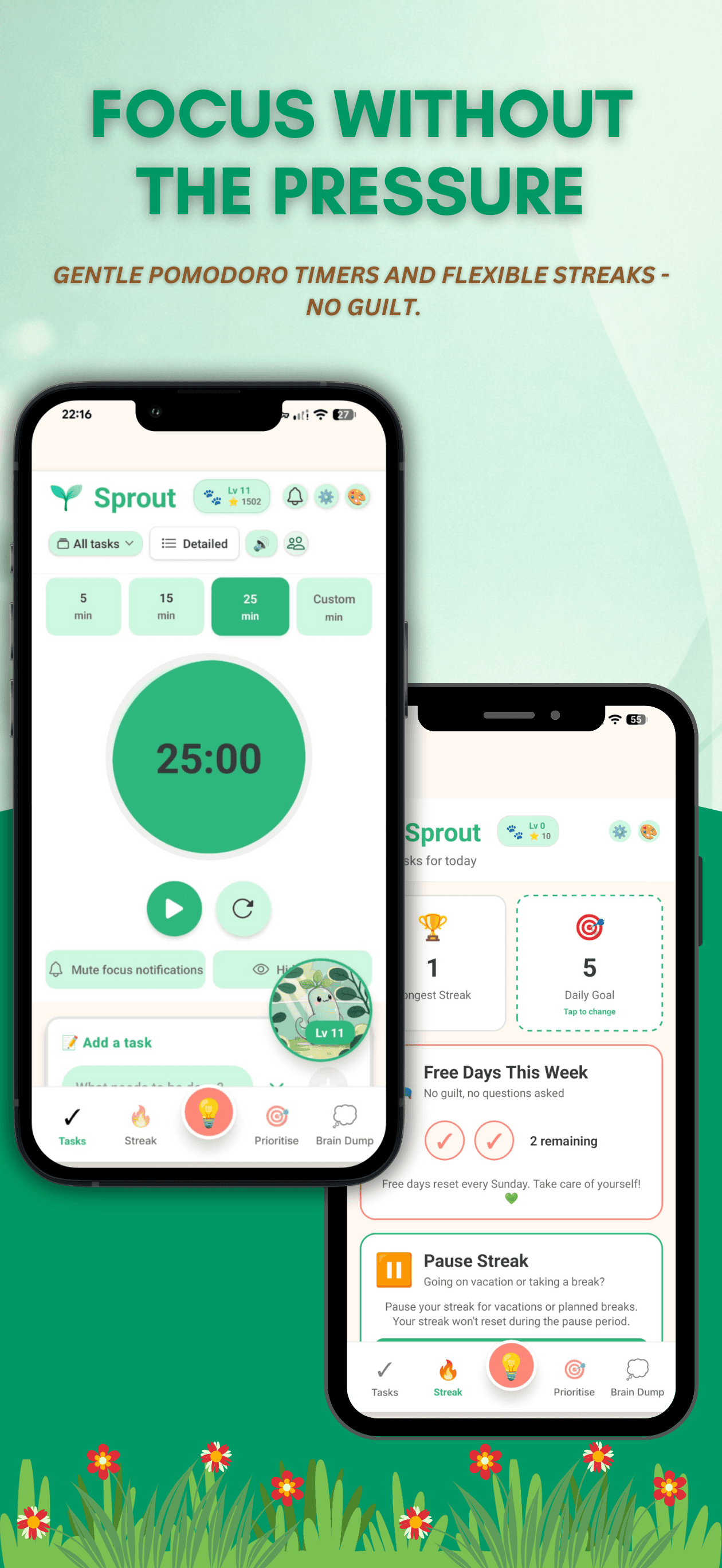 Sprout focus timer showing 25-minute pomodoro session and streak tracking