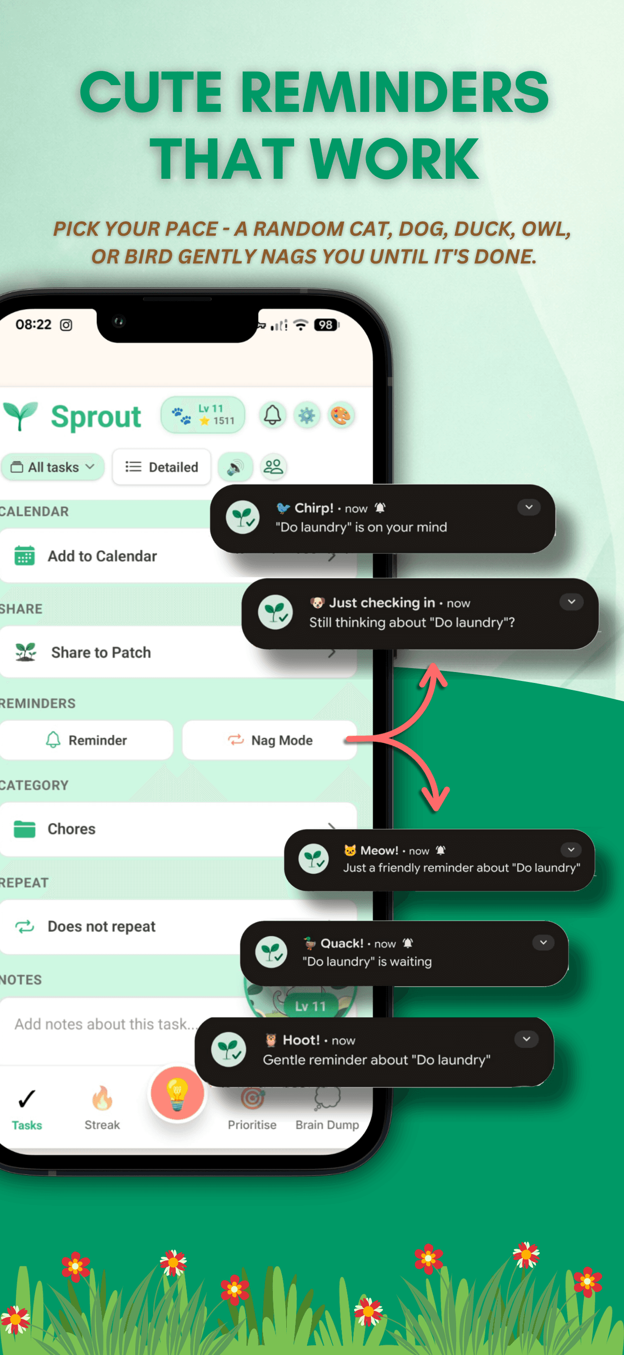 Sprout nag mode showing cute animal sound reminders for ADHD tasks